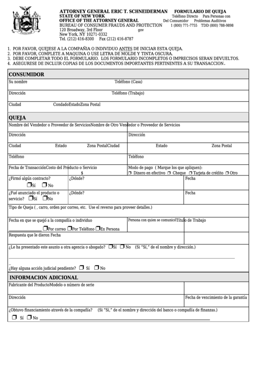 Form Cfb001nyc.sp - Tenant Harassment Prevention Task Force Complaint Form [spanish Version] Printable pdf
