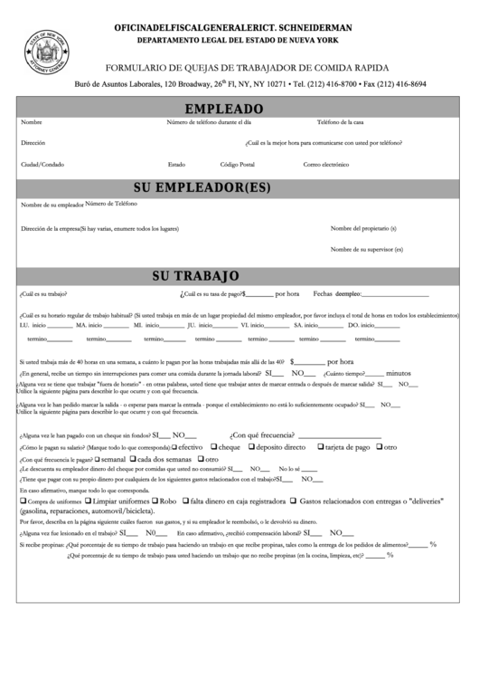 Fillable Form Lb001ffsp - Formulario De Quejas De Trabajador De Comida Rapida Printable pdf
