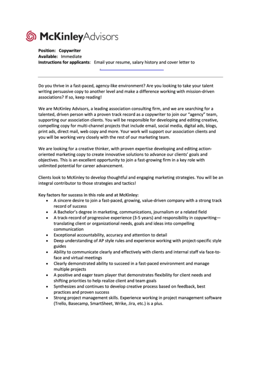 Mckinleyadvisors Cover Letter For Copywriters Printable pdf