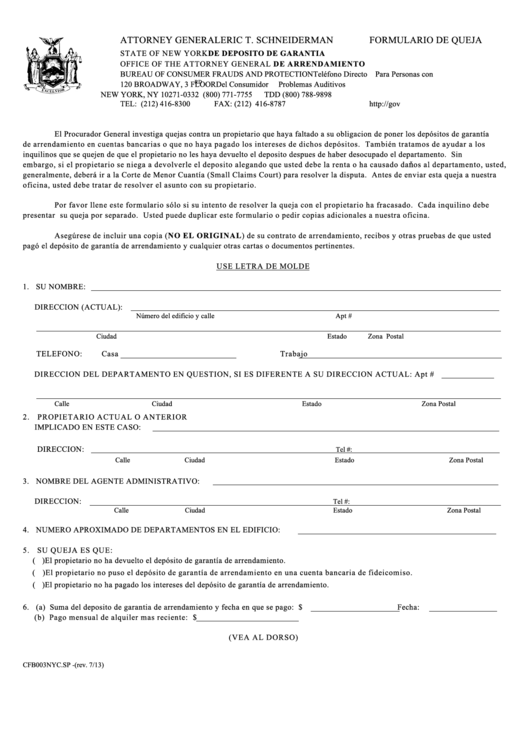 Form Cfb003nyc.sp - Nyc Rent Security Complaint Form Printable pdf