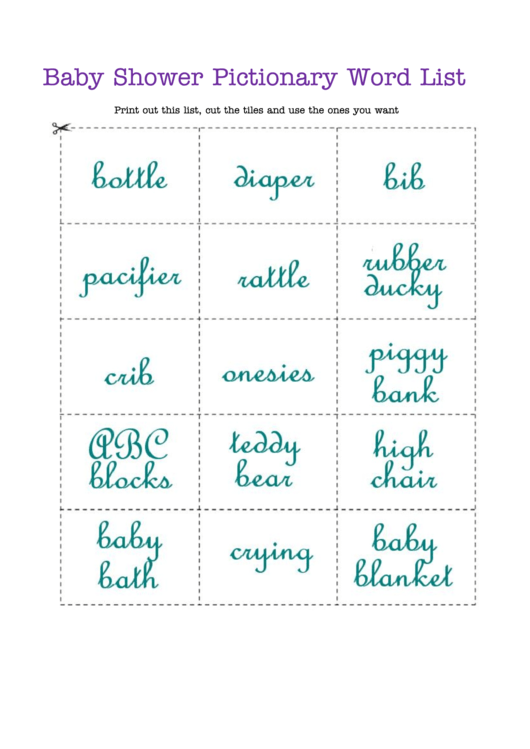 Baby Shower Pictionary Word List Template Printable pdf