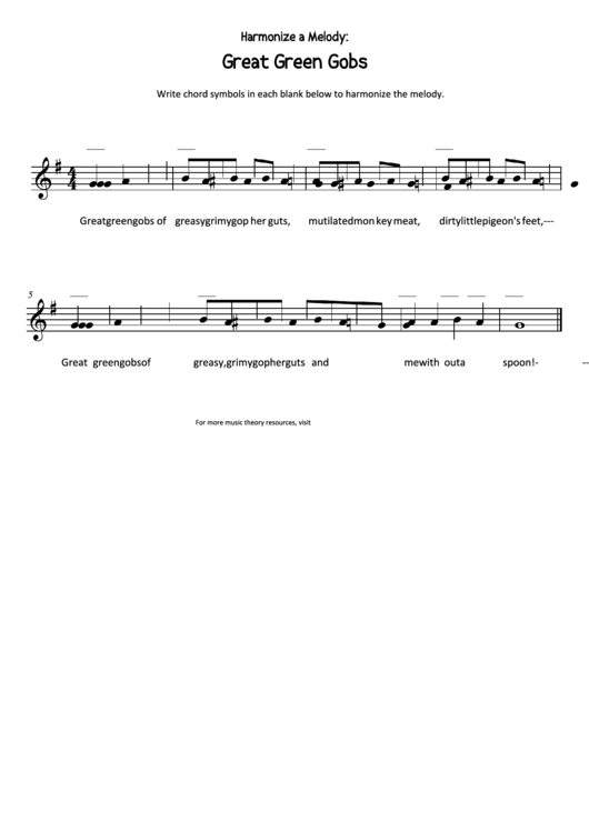Great Green Gobs Harmonize A Melody Worksheet Template Printable pdf