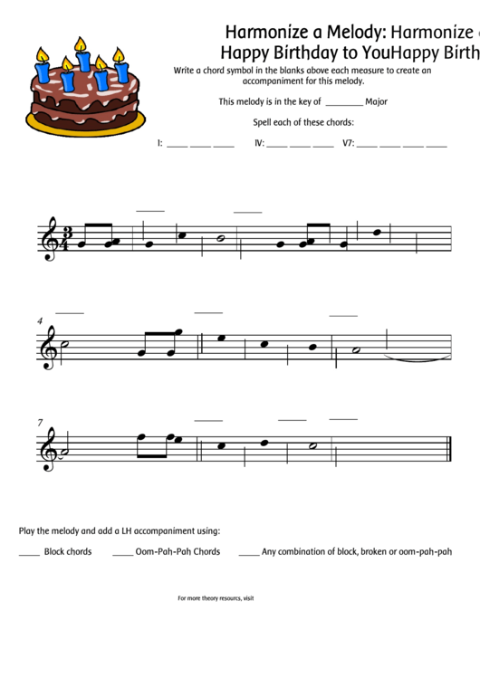Happy Birthday To You Harmonize A Melody Worksheet Template Printable pdf