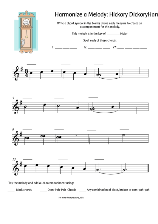 Hickory Dickory Harmonize A Melody Worksheet Template Printable pdf