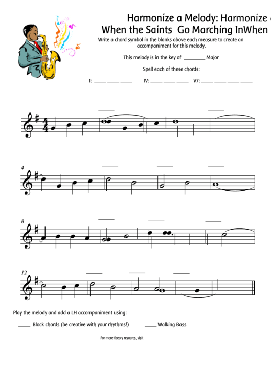 When The Saints Go Marching In Harmonize A Melody Worksheet Template Printable pdf