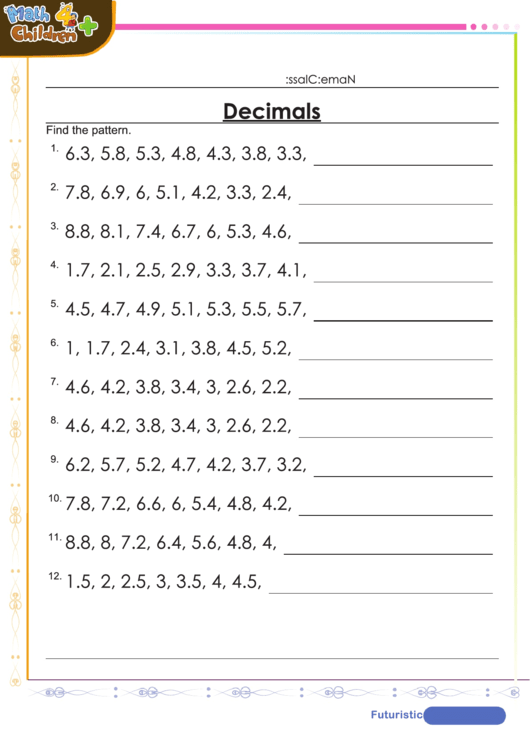 Find The Pattern Decimal Worksheet Template With Answers Printable pdf