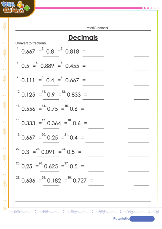Convert To Fractions Decimal Worksheet Template With Answers Printable pdf