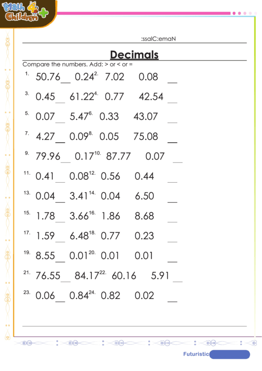 Compare The Numbers Decimal Worksheet Template With Answers Printable pdf
