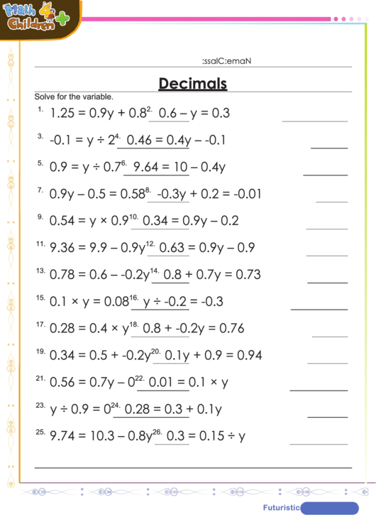 Solve For The Variable Decimal Worksheet Template With Answers Printable pdf