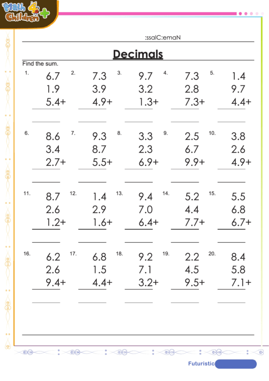 Find The Sum Decimal Worksheet Template With Answers Printable pdf