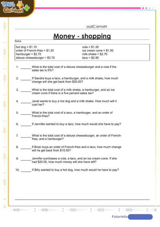 Money - Shopping Worksheet Template With Answers Printable pdf