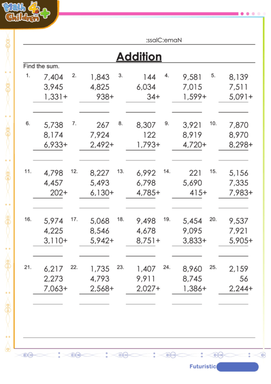 Find The Sum Of 3 Numbers Worksheet Template With Answers