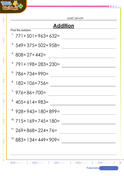 Find The Sum Of 4 Numbers Addition Worksheet Template With Answers Printable pdf