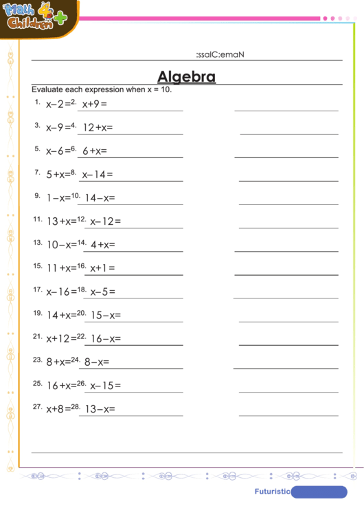 Evaluate Expression Algebra Worksheet Template With Answers Printable pdf