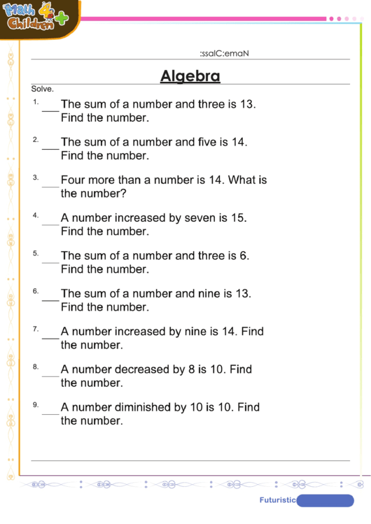 Number Problems Algebra Worksheet Template With Answers Printable pdf