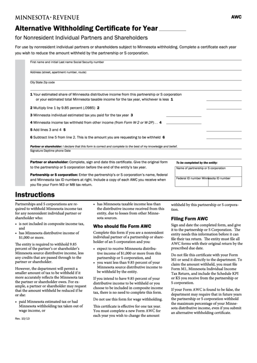 Fillable Form Awc - Alternative Withholding Certificate For Year Printable pdf