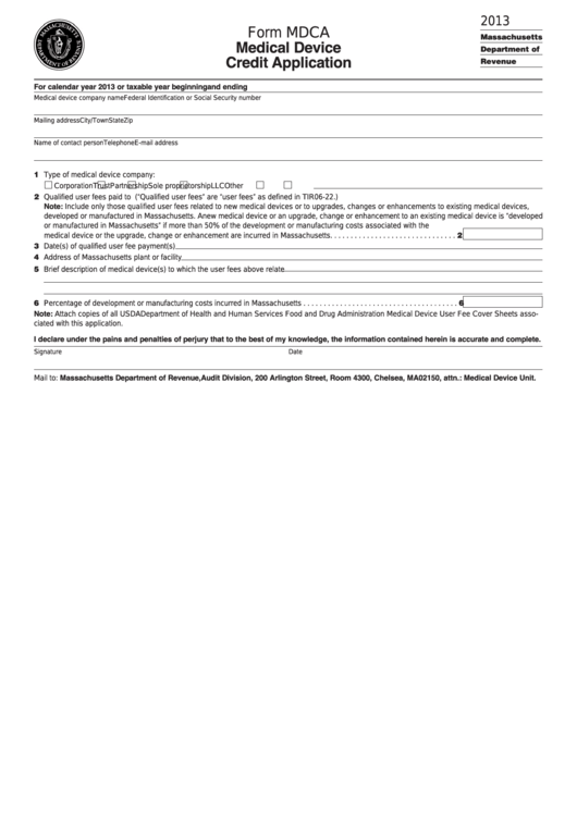 Form Mdca - Medical Device Credit Application - 2013 Printable pdf