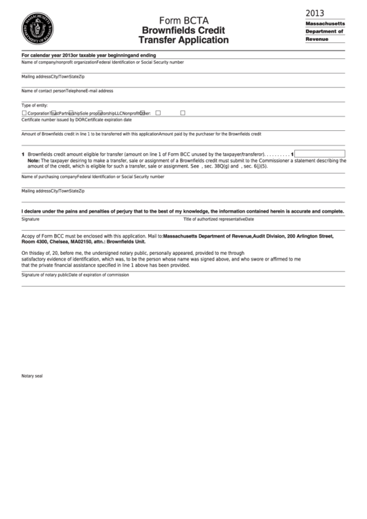 Form Bcta - Brownfields Credit Transfer Application - 2013 Printable pdf