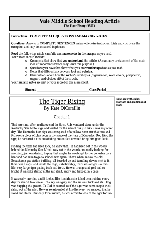 The Tiger Rising (850l) - Middle School Reading Article Worksheet ...