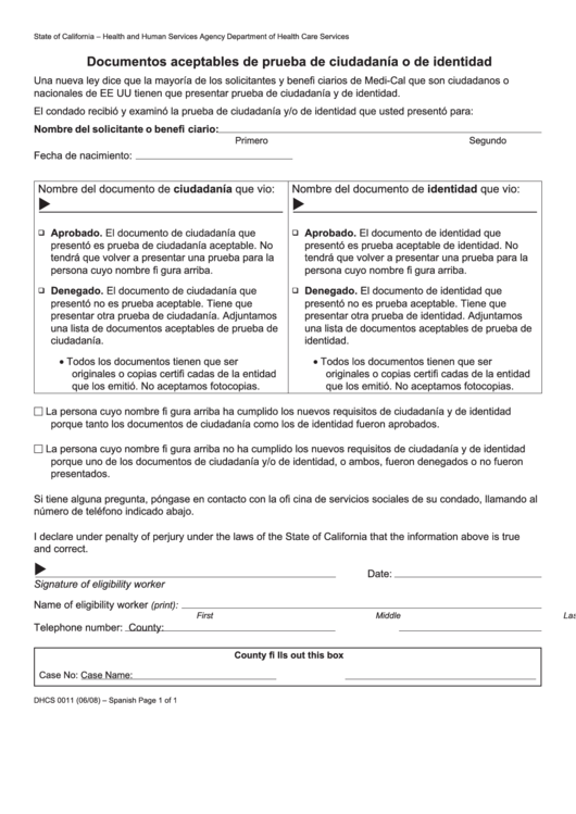 Form Dhcs 0011 - California Proof Of Acceptable Citizenship Or Identity Documents (Spanish) - Health And Human Services Agency Printable pdf