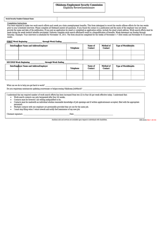 Form Oes-622a - Eligibility Review Questionnaire Printable pdf