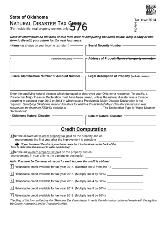 Fillable Form 576 - Natural Disaster Tax Credit - 2014 Printable pdf