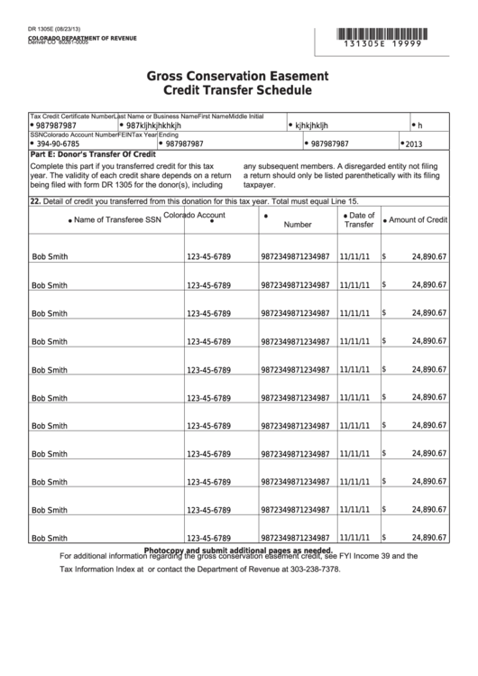 Fillable Form Dr 1305e - Gross Conservation Easement Credit Transfer Schedule Printable pdf