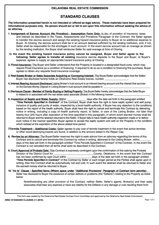 Fillable Standard Clauses - Oklahoma Real Estate Commission Printable pdf