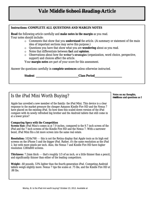 Is The Ipad Mini Worth Buying (1130l) - Middle School Reading Article Worksheet Printable pdf