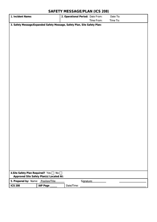 Form Ics 208 - Safety Message/plan Printable pdf