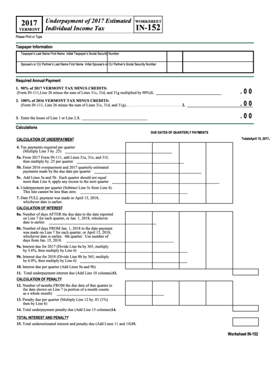 Worksheet In-152 - Underpayment Of 2017 Estimated Individual Income Tax - 2017 Printable pdf
