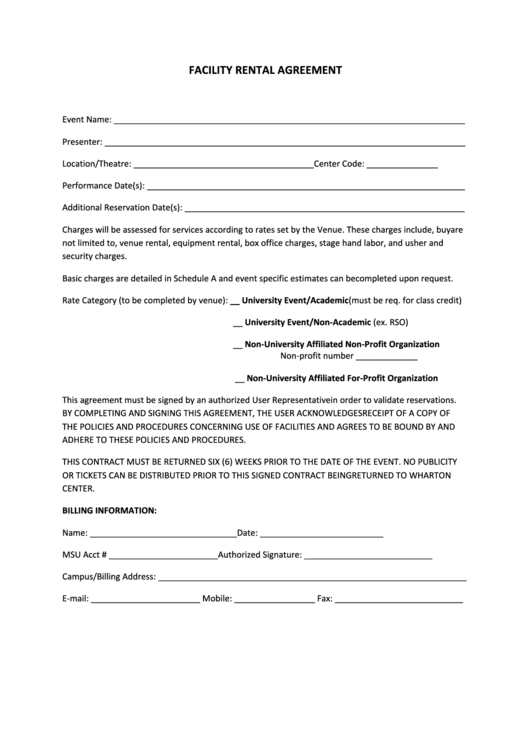 Facility Rental Agreement Template Printable pdf