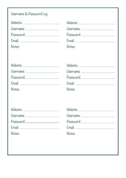 Green Username & Password Log Template Printable pdf