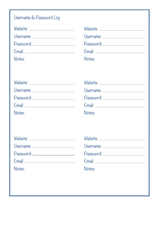 Blue Username & Password Log Template Printable pdf