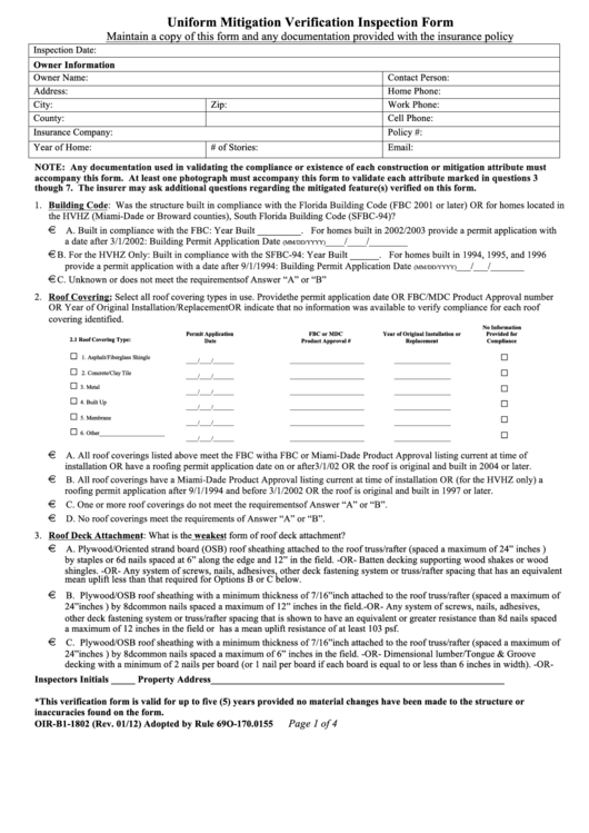 Form Oir-B1-1802 - Uniform Mitigation Verification Inspection Form Printable pdf