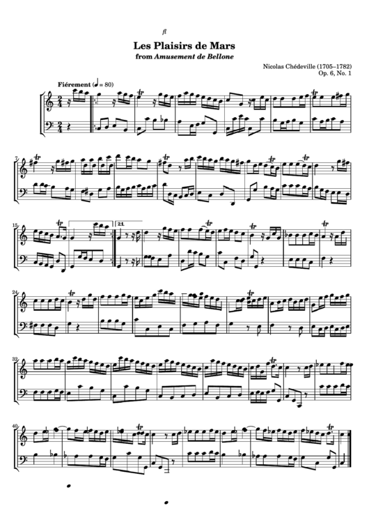 Les Plaisirs De Mars From Amusement De Bellone Flute Sheet Music Printable pdf