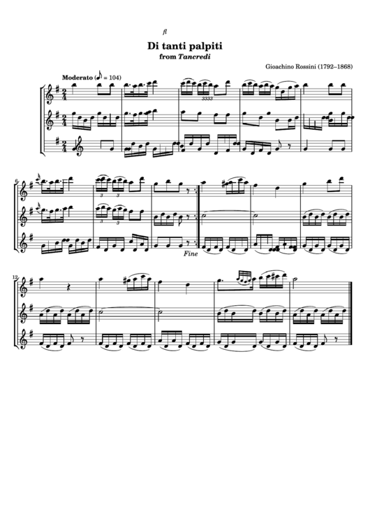 Di Tanti Palpiti From Tancredi By Gioachino Rossini Flute Sheet Music Printable pdf