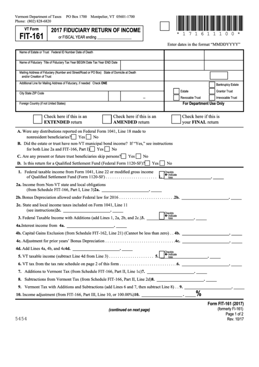 Fillable Form Fit-161 - Fiduciary Return Of Income - 2017 Printable pdf