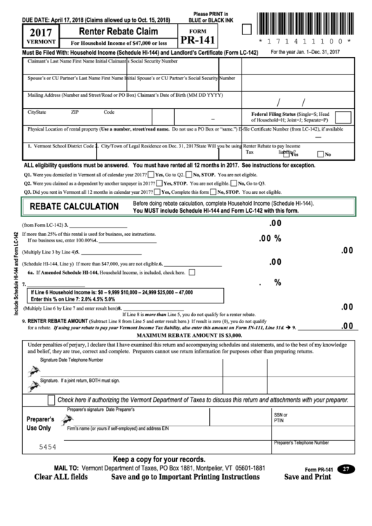 Fillable Form Pr-141, Schedule Hi-144 - Renter Rebate Claim - 2017 Printable pdf