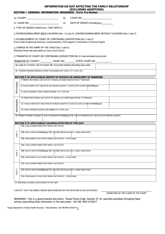 Form Vs-165 - Information On Suit Affecting The Family Relationship (Excluding Adoptions) Printable pdf