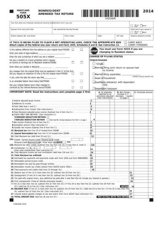 Fillable Form 505x - Nonresident Amended Tax Return - 2014 Printable pdf