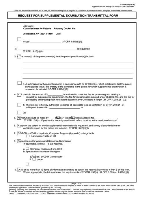 Fillable Form Pto/sb/59 - Request For Supplemental Examination Transmittal Printable pdf