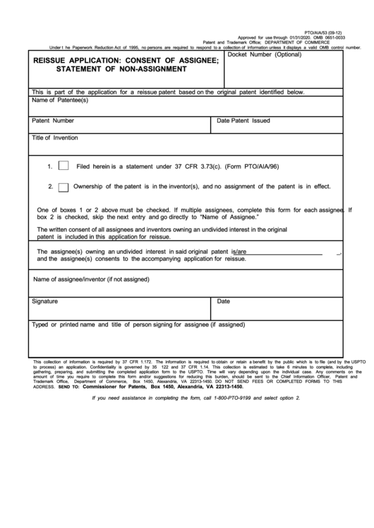 Form Pto/aia/53 - Reissue Application: Consent Of Assignee; Statement Of Non-Assignment Printable pdf
