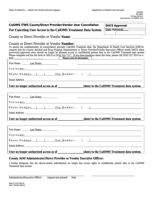 Form Dhcs 5102 - California Caloms Itws County/direct Provider/vendor User Cancellation - Health And Human Services Agency Printable pdf