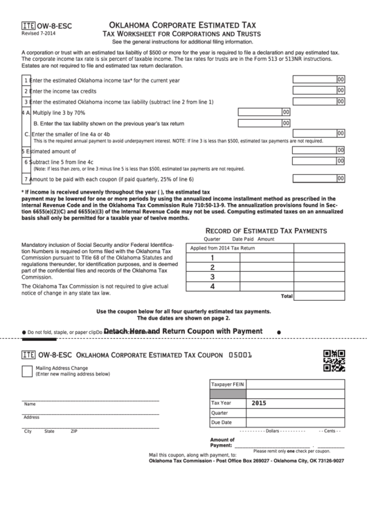 Form Ow-8-Esc - Tax Worksheet For Corporations And Trusts Printable pdf
