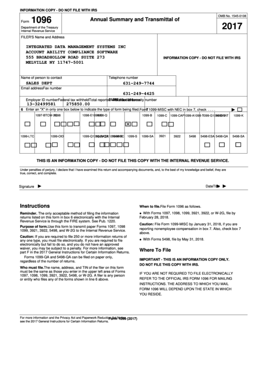 Form 1096 - Annual Summary And Transmittal Of U.s. Information Returns - Sample - 2017 Printable pdf
