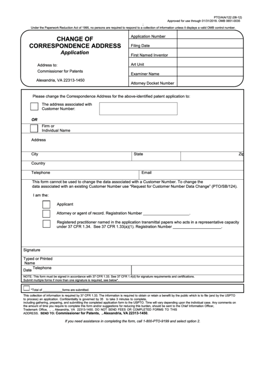 Fillable Form Pto/aia/122 - Change Of Correspondence Address Application Printable pdf