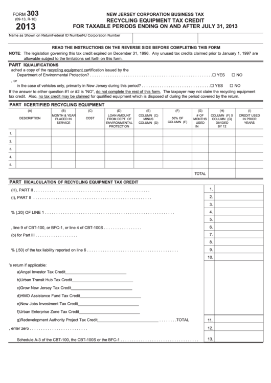 Fillable Form 303 - Recycling Equipment Tax Credit - 2013 Printable pdf