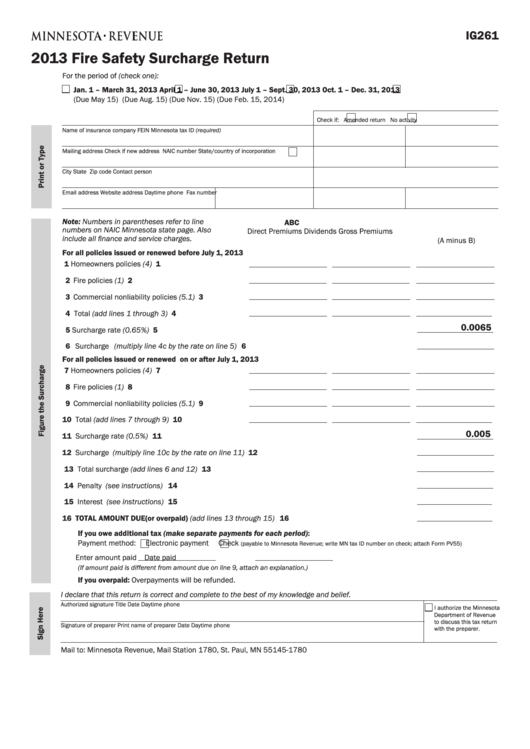 Fillable Form Ig261 - Fire Safety Surcharge Return - 2013 Printable pdf