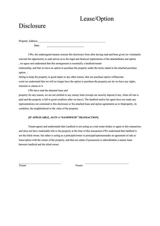 Lease/option Disclosure Form Printable pdf